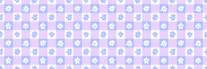 Aufkleber - Vibrant gingham plaid seamless repeat pattern banner with daises, cute floral check vector background design
