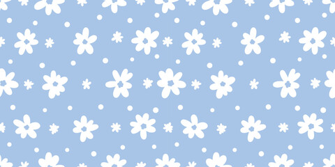 Poster - Cute ditsy daisy floral blue white spring flower vector background, modern doodle wallpaper design