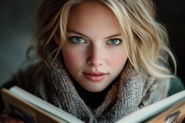 Poster - A person sitting and reading a book while wearing a scarf, suitable for use in educational or relaxing scenes