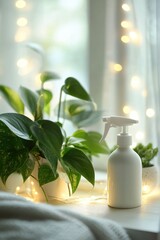 Poster - A white spray bottle sits on a window sill next to a potted plant