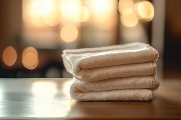 Poster - Towels stacked on a wooden table, perfect for bathroom or spa settings