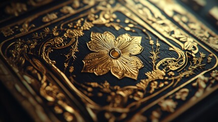 Poster - A close-up view of a book featuring a gold flower on the cover