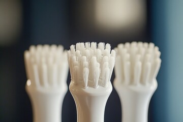 Poster - Three white toothbrushes arranged on a table, ready for use