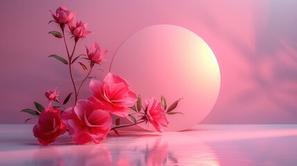 Poster - Pink floral arrangement with circular mirror on reflective surface