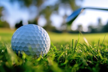 Poster - A lone golf ball sits on green grass, ready for play
