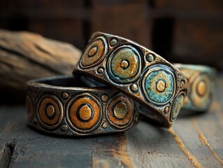 Poster - A couple of rings sit atop a wooden table, perfect for display or as a decorative accent