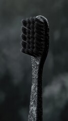 Poster - A close-up shot of a toothbrush with black bristles, ready for use
