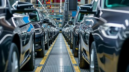 Poster - An advanced automotive assembly line features sleek black vehicles in efficient production, showcasing engineering and manufacturing advancements that enhance productivity and innovation