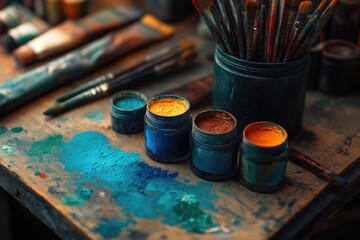 Poster - A collection of paint brushes sitting on a wooden table, ready for use