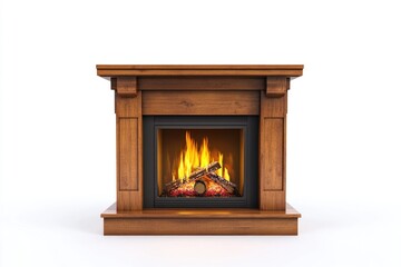 Poster - Cozy fireplace with flames burning bright on a clean white surface, ideal for home decor or winter themed designs
