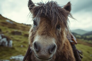 Poster - A close-up view of a horse's face with a cloudy sky in the background, perfect for representing equine beauty or nature-themed designs