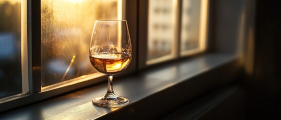 Poster - A glass of wine sits alone on a window sill, perfect for a cozy evening or romantic dinner