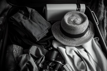 Poster - A glimpse into the contents of an open suitcase showing clothes and a hat, perfect for travel or packing stories