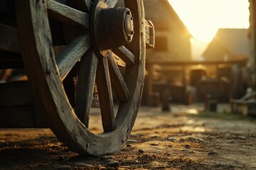 Poster - A detailed view of an old wooden wagon wheel with intricate details and weathered texture