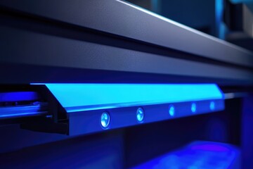 Poster - A close-up shot of a blue light on a shelf, great for use in product photography or as an accent in a scene