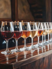 Poster - A row of wine glasses sitting on top of a wooden table