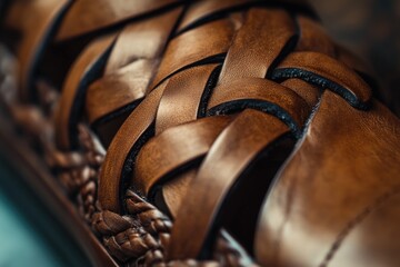 Poster - A detailed shot of a brown leather bench with intricate stitching and texture