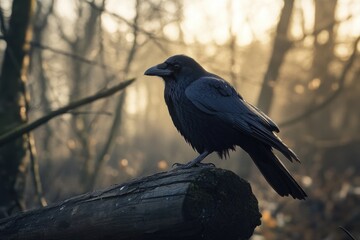 Poster - A black bird perches on the top of a log, looking around