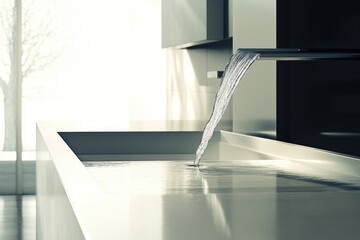 Poster - A close-up shot of a kitchen sink with water flowing from the faucet, ideal for use in illustrations about household maintenance or plumbing issues