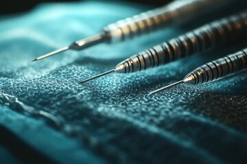 Poster - Three darts placed on a blue fabric, ready for use