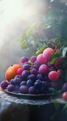 Aufkleber - A plate of fresh grapes and oranges on a table, perfect for a snack or decoration