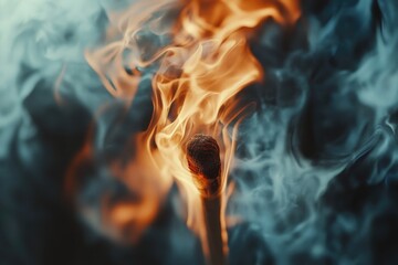 Poster - A close-up view of a burning matchstick with flames and smoke