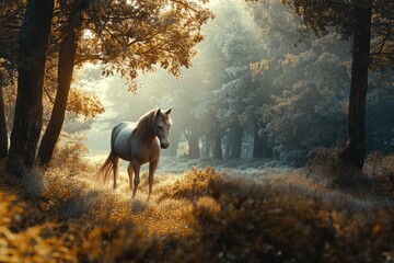Poster - A white horse standing in a field next to trees, suitable for rural or country themed images