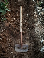 Poster - A shovel stuck in dirty earth with roots and foliage around, ideal for outdoor or gardening themes