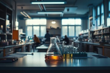 Poster - Lab equipment on a table, various beakers and flasks