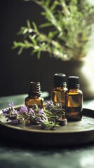 Poster - Two bottles of essential oils placed on a wooden tray for aromatherapy or home decor