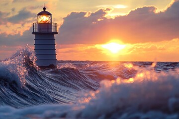 Fototapete - A lighthouse standing tall in the middle of the ocean, with the setting sun casting a warm glow