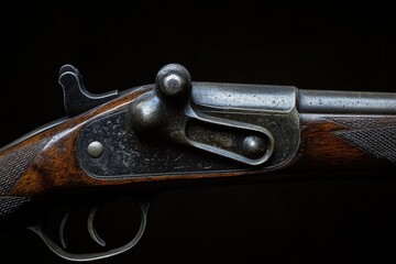 Poster - A detailed view of a firearm on a black surface, ideal for use in crime scene, investigation, or military-themed contexts