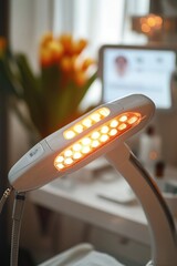 Poster - A desk lamp shining bright on a wooden table