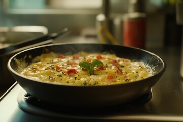 Poster - A frying pan filled with food on a stovetop, ready to be cooked