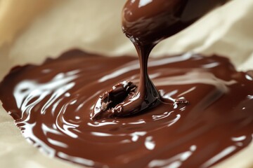 Poster - Close-up shot of melted chocolate pouring onto parchment paper