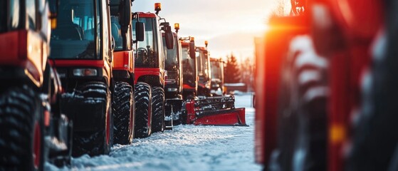 Poster - Row of red tractors parked next to each other, suitable for agricultural or farm-themed projects