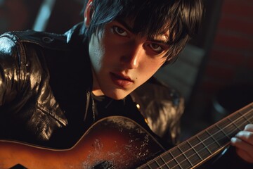 Poster - A person strumming a guitar while wearing a leather jacket, great for music-related uses