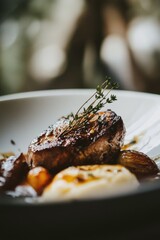 Poster - A simple meal of meat and potatoes served on a clean white plate, ideal for everyday use or as a basis for a special occasion