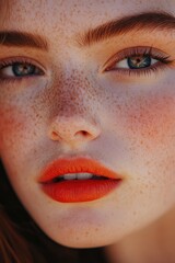 Poster - Close-up portrait of a woman with distinctive freckles on her face, suitable for use in editorial or commercial contexts
