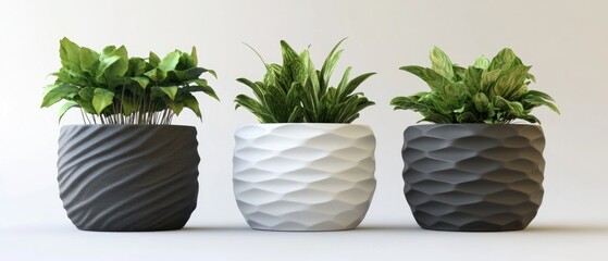 Poster - Three vases with unique plants on a wooden table, suitable for interior design or still life photography