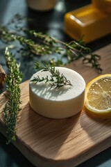Poster - A wooden cutting board with a slice of lemon on top, ready for use in the kitchen