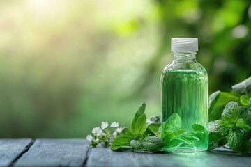 Poster - A glass bottle filled with a mysterious green liquid sits on a wooden table, ready for use or display