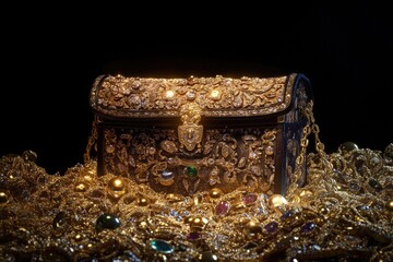 Poster - A luxurious gold jewelry box adorned with intricate gold chains