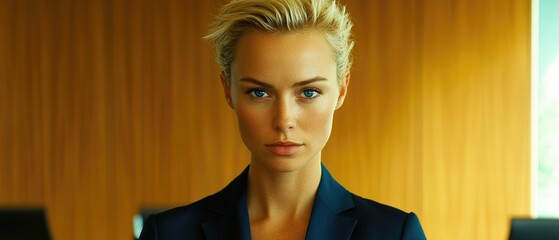 Poster - Professional woman sitting in front of a plain background, looking directly at the camera