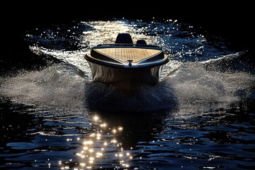 Poster - A boat travels through calm waters under the stars on a clear night
