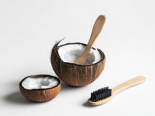 Aufkleber - Coconut oil and wooden spoon on table