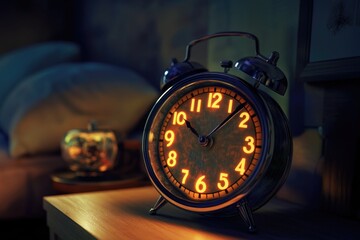Poster - An alarm clock sits on top of a wooden table, ready to sound off at the next wake-up time