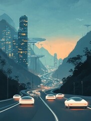 Poster - Cars driving on city street near tall buildings