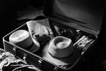 Poster - A suitcase filled with travel accessories and a hat, ready for adventure