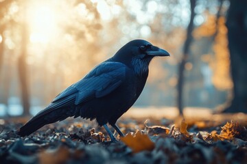 Poster - A black bird perches on top of a stack of fallen leaves